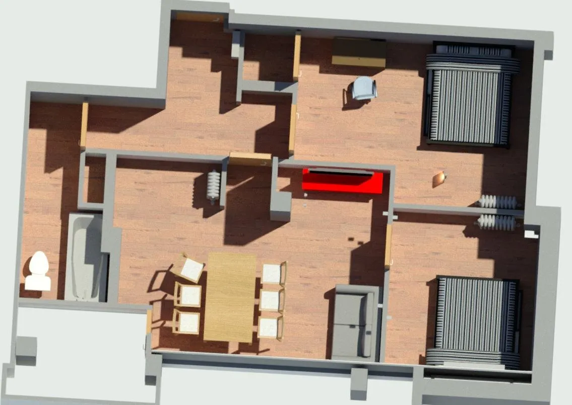 Maquette numérique du 2 pièces, montrant l'état existant et l'état rénové