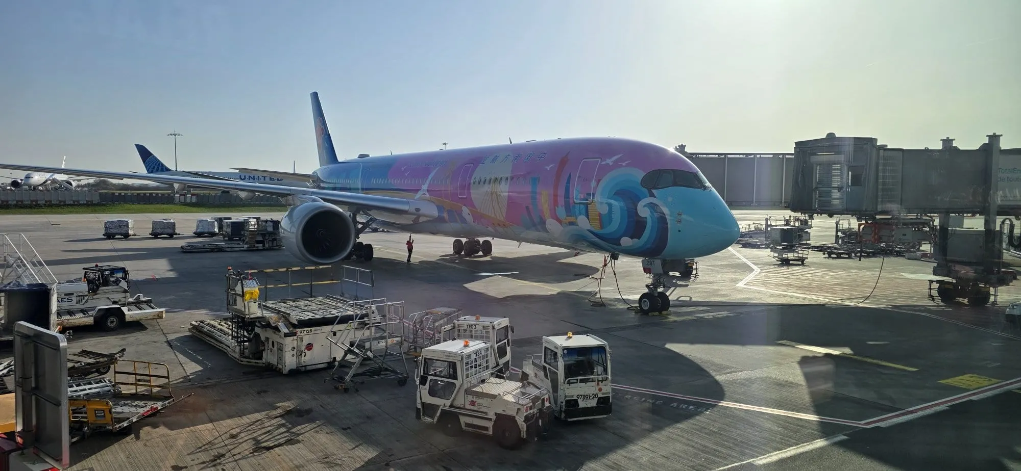Un avion aux motifs colorés stationné à la porte d'embarquement, à Roissy