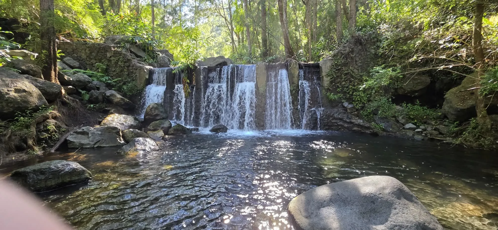 Une cascade tombant en rideau sur des roches, dans un ravin couvert de végétation